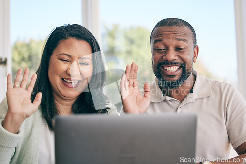 Image of Mature couple on video call for home networking, international conversation and talking to people online. Virtual communication, wave hello and happy biracial woman with her partner on laptop