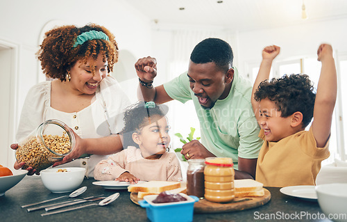 Image of Love, breakfast food and happy black family children, mother and father eating meal, bonding and prepare ingredients. Morning, kitchen counter or hungry mom, dad and young youth kids excited at home