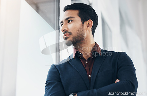 Image of Window, serious and architect man looking at real estate project, office view or business mission. Thinking realtor, property developer vision and person planning architecture engineering development