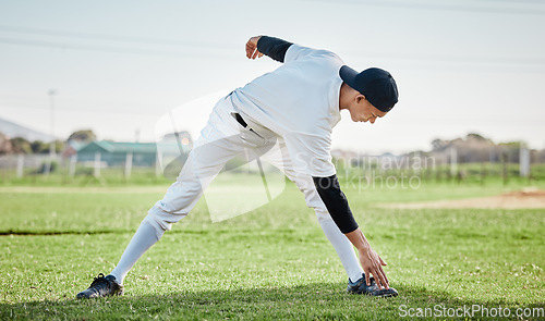 Image of Baseball stadium, stretching legs or man on field ready for training match on grass in summer. Healthy athlete, fitness workout or young sports player warm up to start softball exercise outdoors