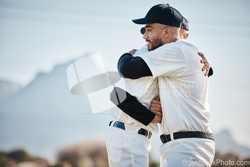 Image of Teamwork, sports hug or baseball player in training, exercise or workout in practice match together on field. Softball, men or people hugging in competitive game with fitness or solidarity or support