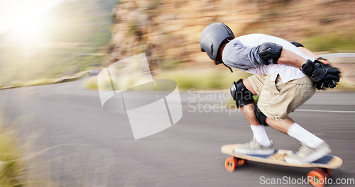 Image of Skateboard, motion blur and man speed in road for sports competition, training and exercise in city. Skating, skateboarding and male skater for adrenaline, adventure and freedom in extreme challenge