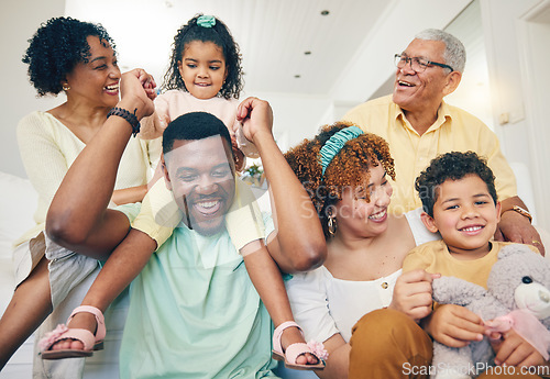 Image of Black family, house and living room sofa of a mother, father and children with happiness. Happy, smile and bonding of a mom, dad and young kids together having fun with grandparents love and support