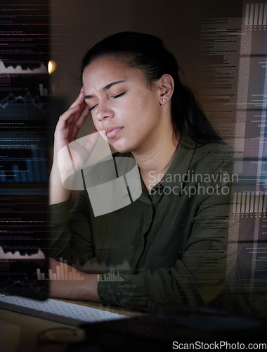 Image of Overlay, data and stress by woman in futuristic office suffering from burnout, depressed and overworked. Dark, evening and corporate professional person frustrated, overtime and sick with a headache