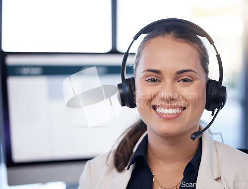 Image of Contact us, call center or portrait of happy woman in telecom communications company in help desk. Smile, crm or face of friendly insurance sales agent working in technical or customer support