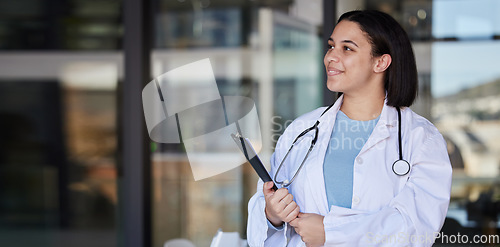 Image of Thinking, woman and happy doctor with clipboard for patient data, medical results and prescription. Healthcare mockup, hospital and female nurse smile with copy space for wellness, insurance and help