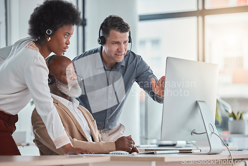 Image of Telemarketing, team and employees talking, advice and customer service with group, new process and system. Staff, agents or consultants in workplace, discussion or corporate training for tech support