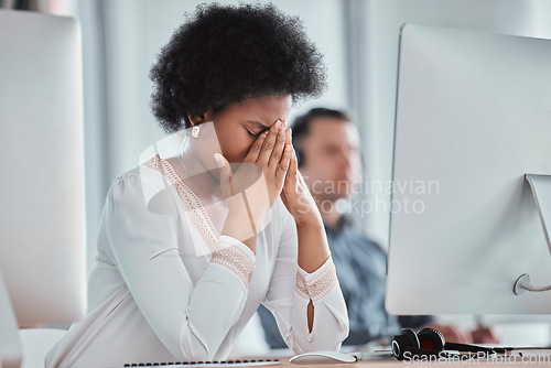 Image of Headache, eye strain and call center with black woman in office for stress, depression and mental health. Contact us, consulting and customer support with employee suffering with migraine and fatigue