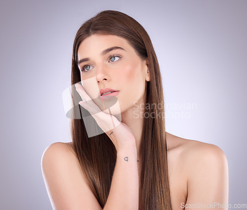 Image of Beauty, studio makeup and face of woman with skincare routine, luxury cosmetics and natural facial glow. Dermatology wellness, spa salon and aesthetic model girl isolated on pastel purple background