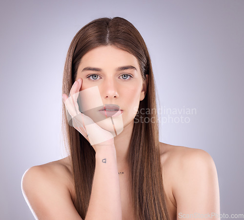 Image of Beauty, face portrait and hair care of a woman in studio isolated on a background. Natural cosmetics, growth and female model with salon treatment for healthy keratin texture, balayage and hairstyle.