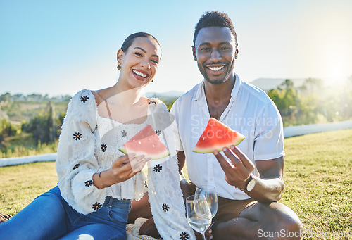 Image of Couple, black people and picnic portrait with watermelon, champagne or nature for bonding, love or romance. Young happy couple, black woman and man with fruit, summer sunshine or happy in countryside