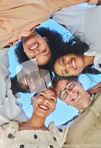 Image of Trust, happy and friends portrait huddle for bonding, hug and summer fun together with smile. Adventure, freedom and happiness of excited young people in interracial friendship with low angle.