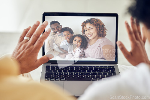 Image of Laptop screen, video call and family, communication and love, grandparents wave with parents and children. Hands, face and care with technology and people with virtual chat, wellbeing and generations