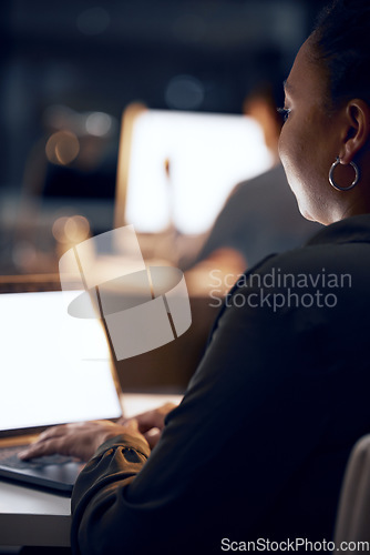 Image of Laptop typing, night and business woman review article for media app, website database or social network mockup. Copywriting mock up, online blog editor and back of journalist editing fake news post