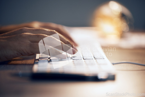 Image of Computer keyboard, hands and office woman typing online data analysis, feedback report or customer experience insight. Brand monitoring software, social media research and person review web analytics