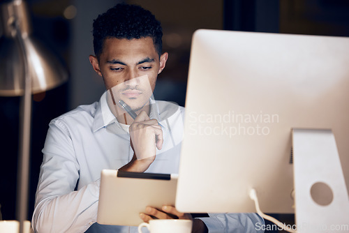 Image of Tablet, night thinking and business man reading article for media ui app, website database or social network feedback. Brand copywriting idea, online editor focus or male journalist editing news post