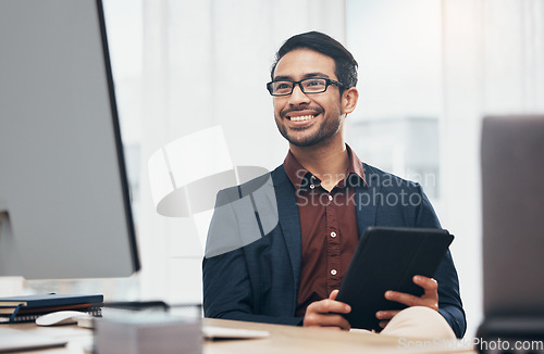 Image of Business, man and employee with tablet, office and success with data analytics, profit growth and smile. Male entrepreneur, consultant and ceo with device, happiness and planning with online reading