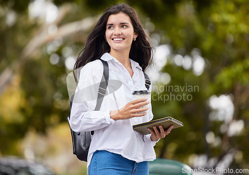 Image of Student woman with tablet in park on coffee break walking to campus, university or college in carbon footprint. Young or happy person with drink for remote opportunity, outdoor nature and education