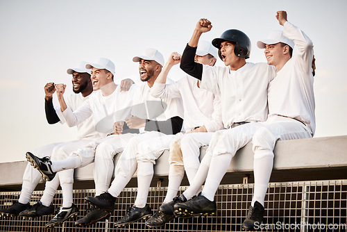 Image of Baseball, team and winner with fist pump and happy men, athlete group and fitness collaboration with achievement. Teamwork, success and sports with excited male players outdoor, winning and champion