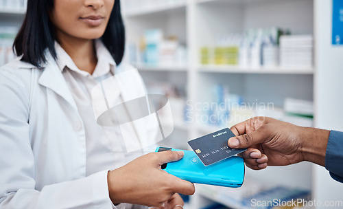 Image of Credit card, hands and tap machine for retail, healthcare and people in pharmacy drug store with payment. Money, technology and shop for prescription medicine, health insurance and customer buying