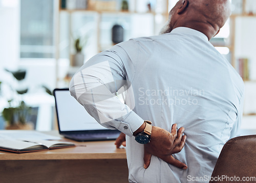 Image of Back, pain and business stress of black man with muscle injury, health risk and fatigue in chair. Uncomfortable employee with spine problem, bad posture and injured body from anxiety, burnout or sick