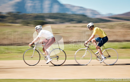 Image of Men, cycling team and motion blur in nature, countryside and triathlon competition, sports and race. Cyclist friends, bicycle speed and action of energy, bike performance and travel on mountain path