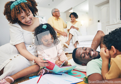 Image of Education, parents or children reading books to relax on weekend together at home as a happy family. Smile, storytelling mother or dad relaxing or talking to creative kids siblings for development