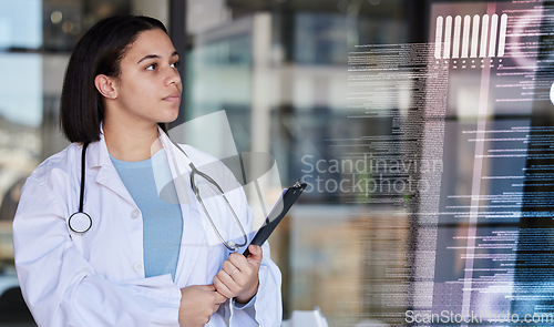 Image of Doctor data, digital overlay and woman healthcare worker with hospital stats and analytics. Clinic, wellness and health research hologram with a female employee checking laboratory software results