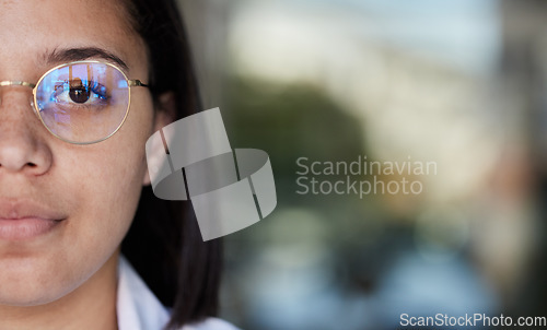 Image of Mockup, healthcare and portrait of serious doctor for consulting, medical care and life insurance. Medicine, hospital and face of woman health worker with copy space, glasses and vision for wellness