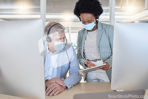 Image of Covid, crm and black woman coaching man with tablet and mask at help desk or call center. Compliance, consulting and opinion, data or statistics for medical advisory agency with diversity and trust.