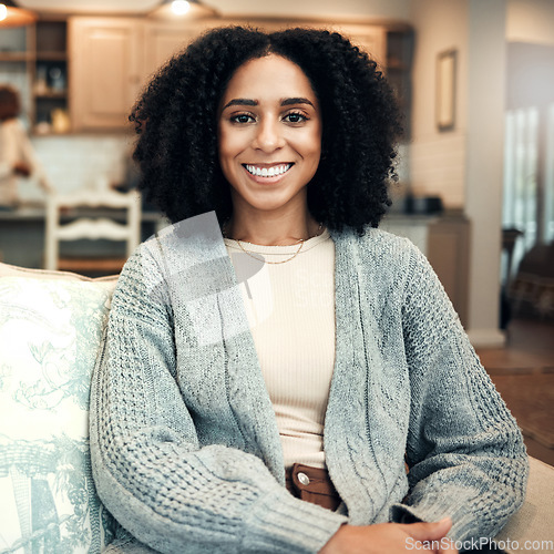 Image of Happy, smile and portrait of black woman on sofa in living room for relax, break and satisfaction. Calm, happiness and free time with female sitting at home for positive, confident and carefree