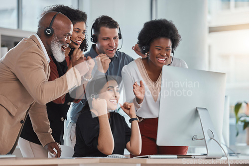 Image of Team goals, happy people or call center with success in celebration for target, winning bonus or achievements. Excited group of consultants, sales agents or friends with support, motivation or pride