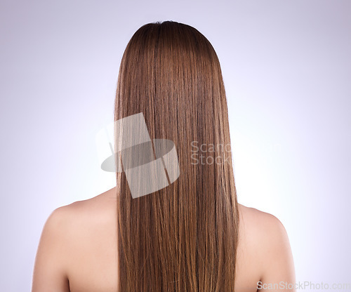 Image of Beauty, back and haircare of woman in studio isolated on a gray background. Texture, cosmetics and female model with salon treatment for healthy keratin, balayage or hairstyle growth or straight hair