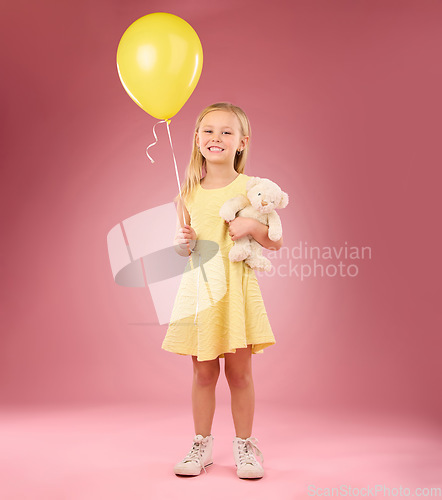 Image of Teddy bear, girl balloon and portrait with a soft toy with happiness and love for celebration in studio. Isolated, pink background and a young female feeling happy, joy and cheerful with friend