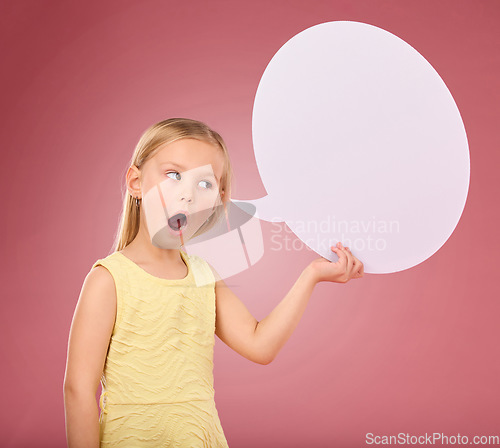 Image of Speech bubble, shock and portrait of child on pink background for news, announcement and opinion. Speaking, talking mockup and girl with surprise face and poster, banner and billboard space in studio