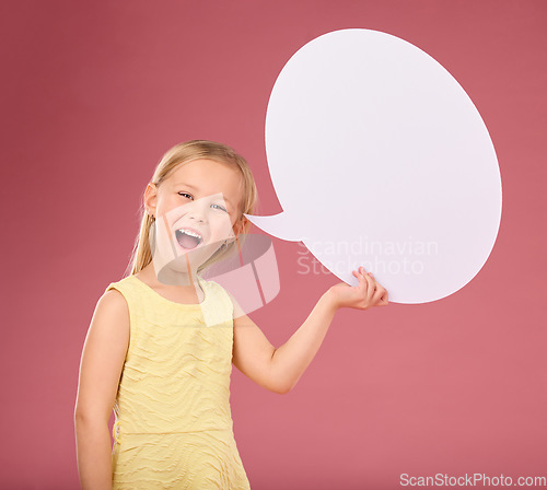 Image of Speech bubble, smile and portrait of child on pink background for news, announcement and opinion. Speaking, talking mockup and happy girl with empty poster, banner and billboard space in studio