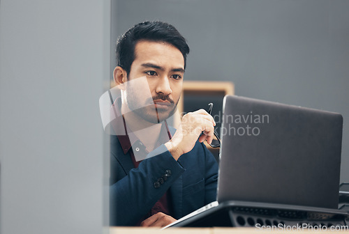 Image of Administration laptop, problem solving and man reading finance spreadsheet, banking payroll or financial accounting. Bookkeeping bank system, focus and serious face of agent doing budget analysis