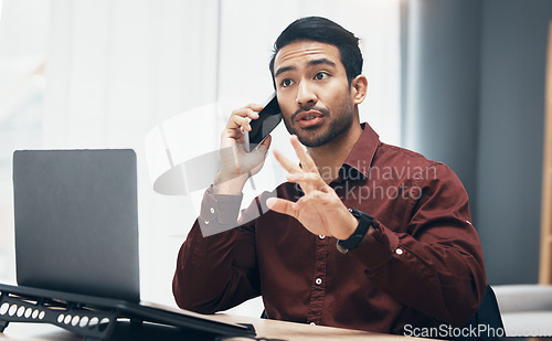 Image of Phone call, conversation and business man talking, chat or consulting with ecommerce contact. Communication, e commerce and office person, consultant or manager talking, speaking or in discussion
