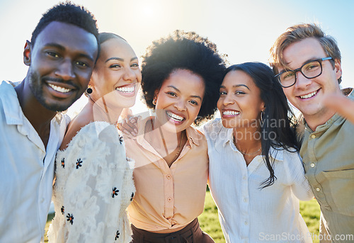 Image of Friends, diversity and bonding hug in park, nature environment or sustainability garden for profile picture, travel fun or summer holiday. Portrait, smile and happy men, women and people on vacation