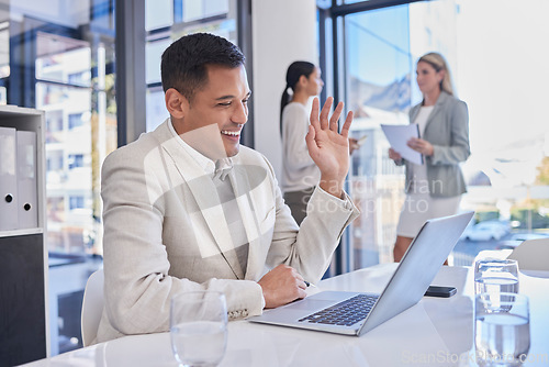 Image of Video meeting, business man and wave in a digital conference on a office computer. Communication, happiness and businessman talking and greeting in a work training consultation at a web company