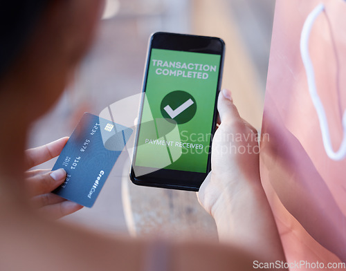 Image of Online shopping, credit card and person with a phone for a payment, finance and transaction. Ecommerce, purchase and woman on app after finishing paying for a product, banking or spending on a mobile