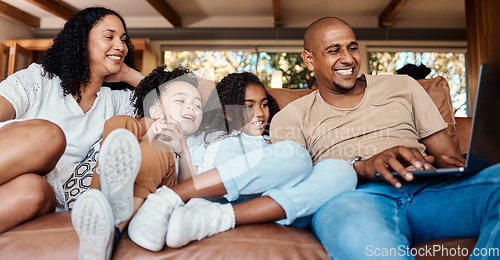 Image of Laptop, happy family and children for online video, movies or cartoon on couch and streaming service, learning or relax. Biracial mother, father and kids watch film or show on computer and home sofa