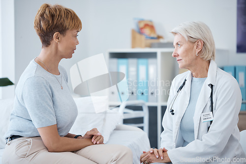 Image of Doctor consulting woman patient for healthcare, clinic services and advice for wellness, therapy and results. Medical worker talking to client for help, surgery support and professional consultation