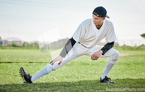 Image of Baseball stadium, stretching or sports athlete on field ready for training match on grass in summer. Active man, fitness workout or young player in legs warm up to start softball exercise outdoors