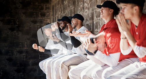 Image of Happy baseball winner, sport or team in celebration of fun game victory, competition success or goals together. Winning homerun, sad loss or softball players excited for teamwork in dugout by losers