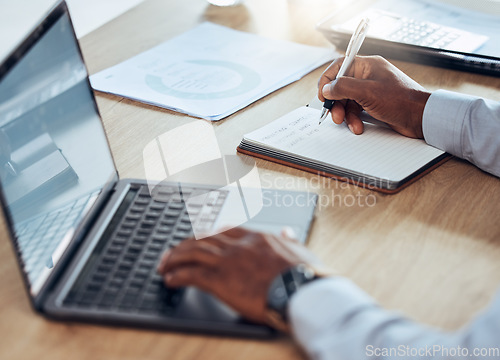 Image of Man, laptop and hands writing notes for business schedule, office administration and reminder. Closeup worker, computer planning and notebook of ideas, information and strategy planner at table