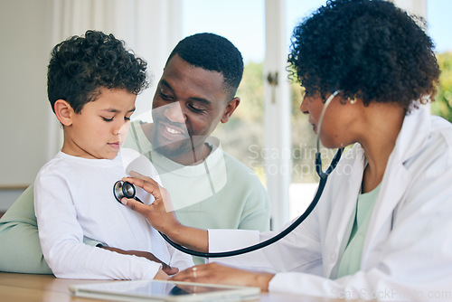 Image of African dad, child and woman doctor with stethoscope in doctors office for health checkup on heart, lungs and breathing. Black man, son and pediatrician in healthcare checking kids asthma symptoms.