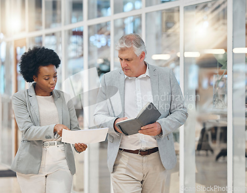 Image of Bookkeeping, business people or team discussion of budget, financial quote, receipt or invoice information check. Work manager, black woman or accountant partner talking of finance or document advice