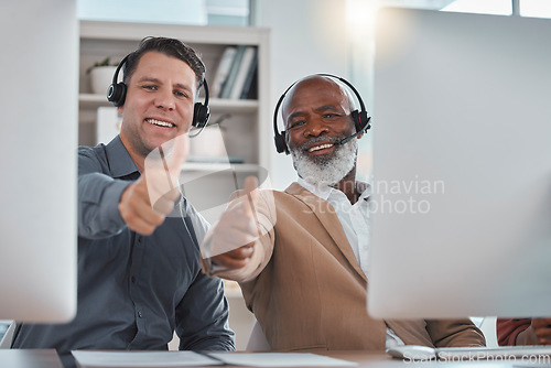 Image of Diversity, thumbs up portrait success at call center with online consulting in communications office. Yes agreement, friends or consultants with happy smile or like sign in customer services company