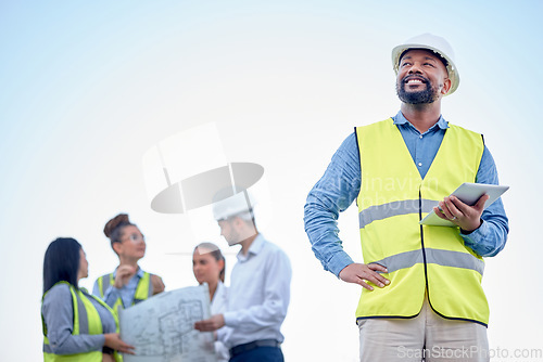 Image of Black man or engineering manager outdoor planning, thinking of construction job or project management. Digital tablet, blueprint and leadership of architecture contractor or person on blue sky mockup